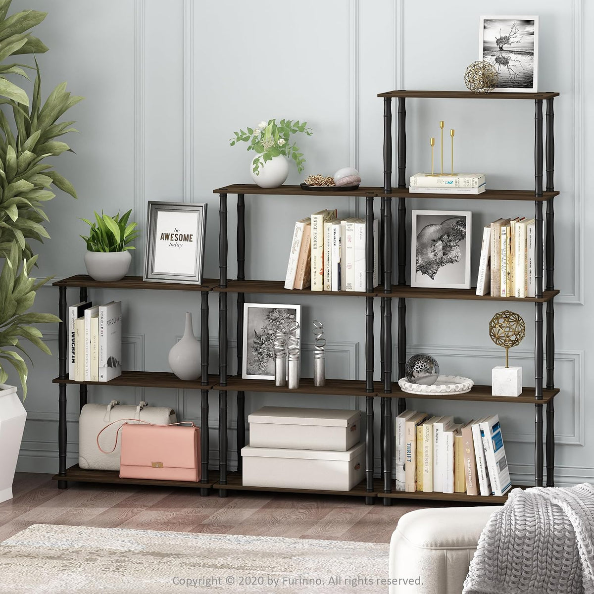 RATA 4-Tier Industrial Multipurpose Flat Base Bookshelf, Bookcase with Metal Frame, Columbia Walnut