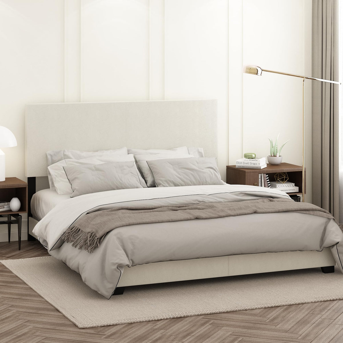 PESSAC PU Leather Upholstery Bed Frame, Cal King Size, White
