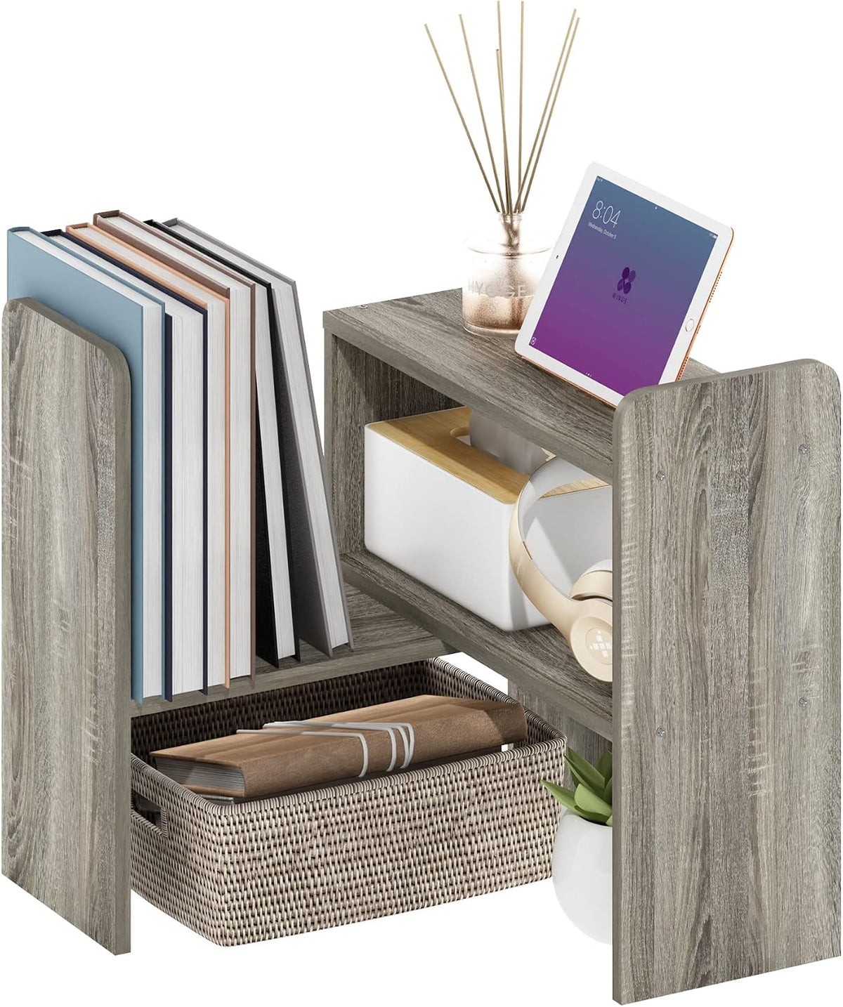 CLASSIC Desk Organizers and Hutch, Open Shelf Expandable Office Organization, Adjustable Desk Top Display Book Shelf, for Paper, Office Supplies, French Oak