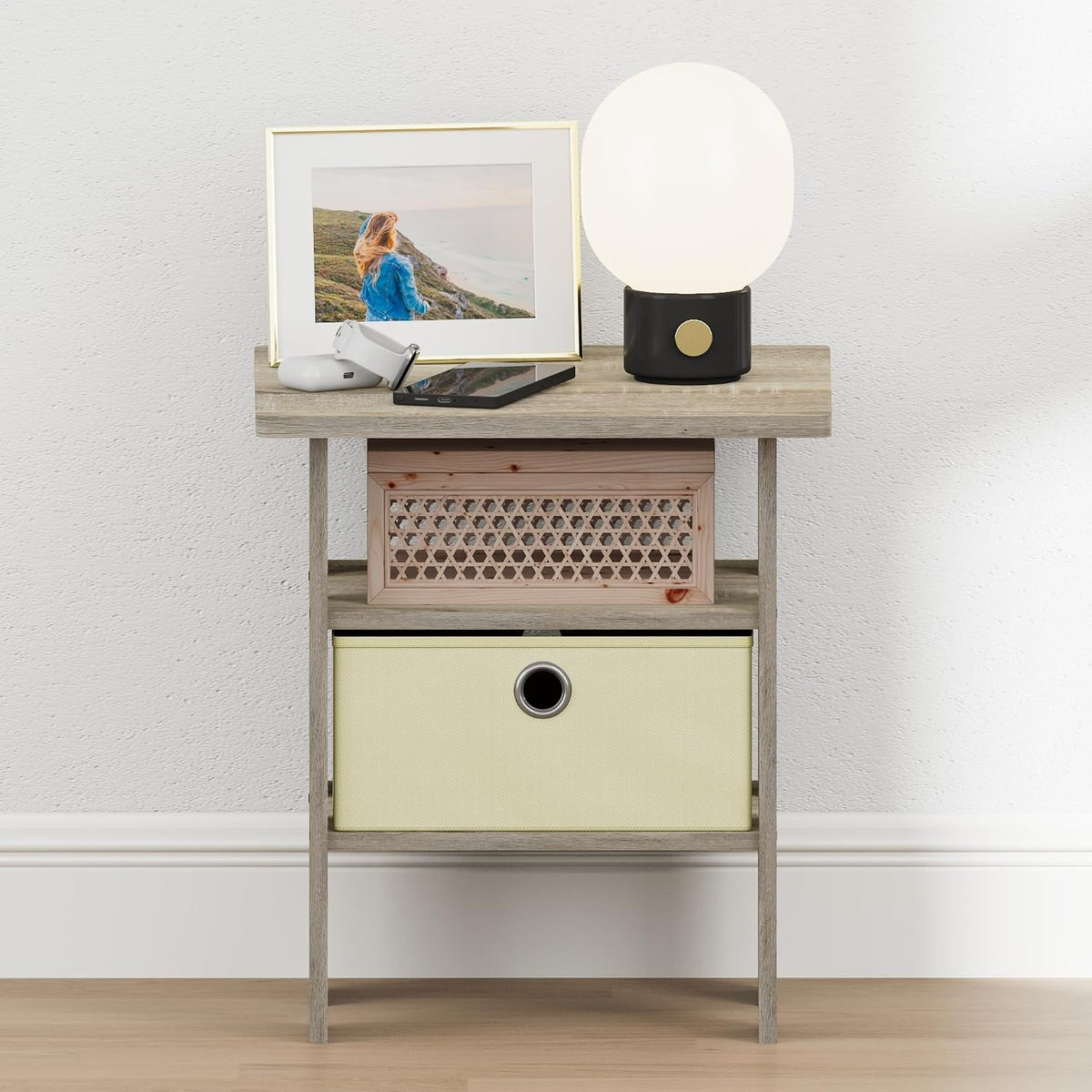 TIDUR 3-Tier Night Stand, Nightstand with Storage Bin, Sonoma Oak