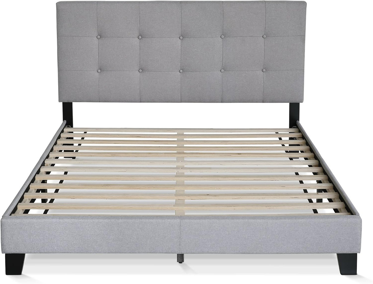 Laval Bed Frame, Twin Size Bedframe with Button Tufted Headboard, Upholstered Bed with Legs, 12pcs Wooden Slat Support, Easy Assembly, for Bedroom, Dorm, Light Grey
