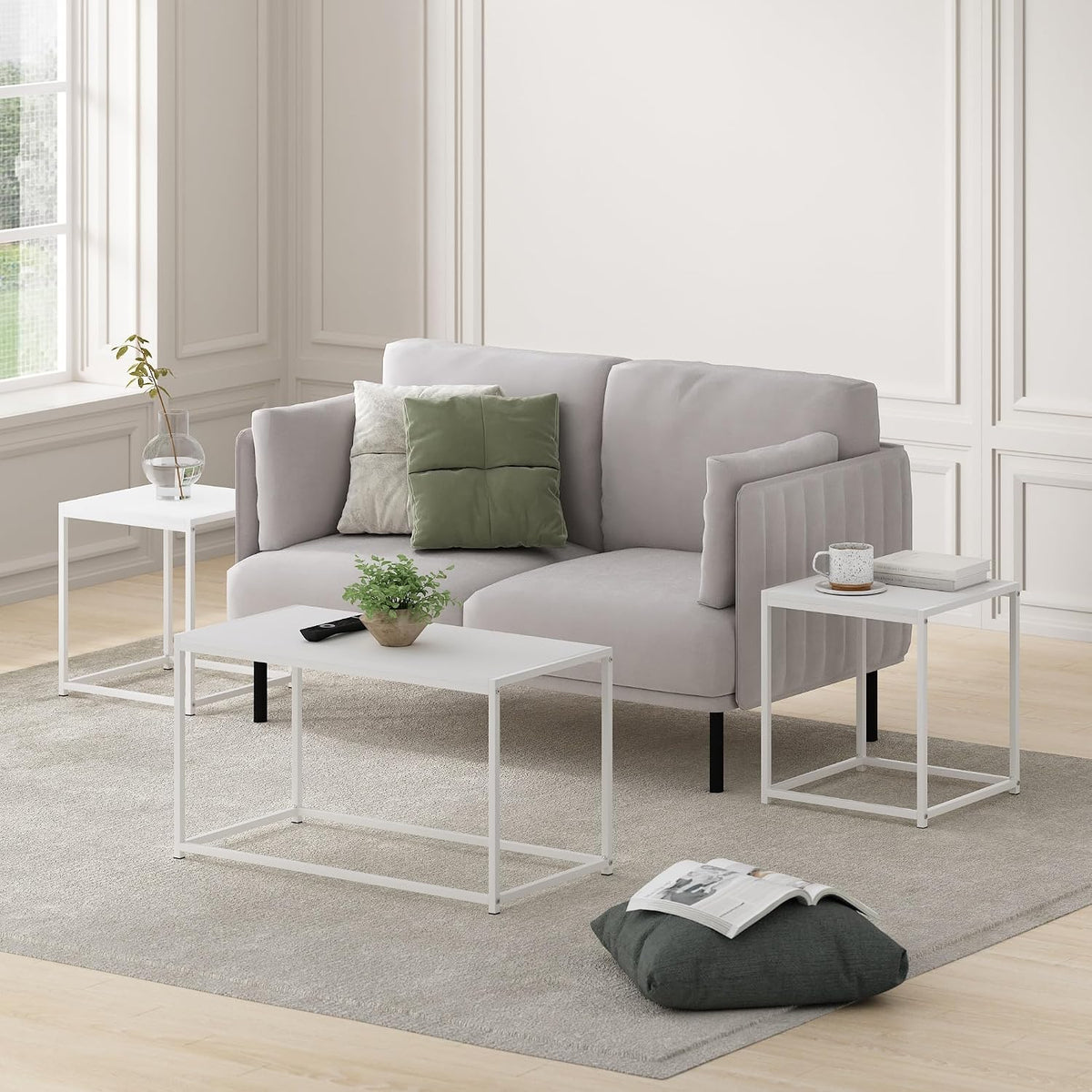 CAMNUS Metal Frame Living Room Tables Set of 3, White