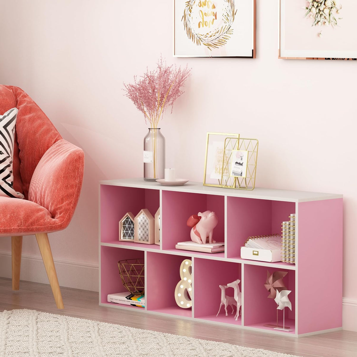 LUDER 7-Cube Book Shelf, Kids Bookshelf, Toy Storage, White/Pink