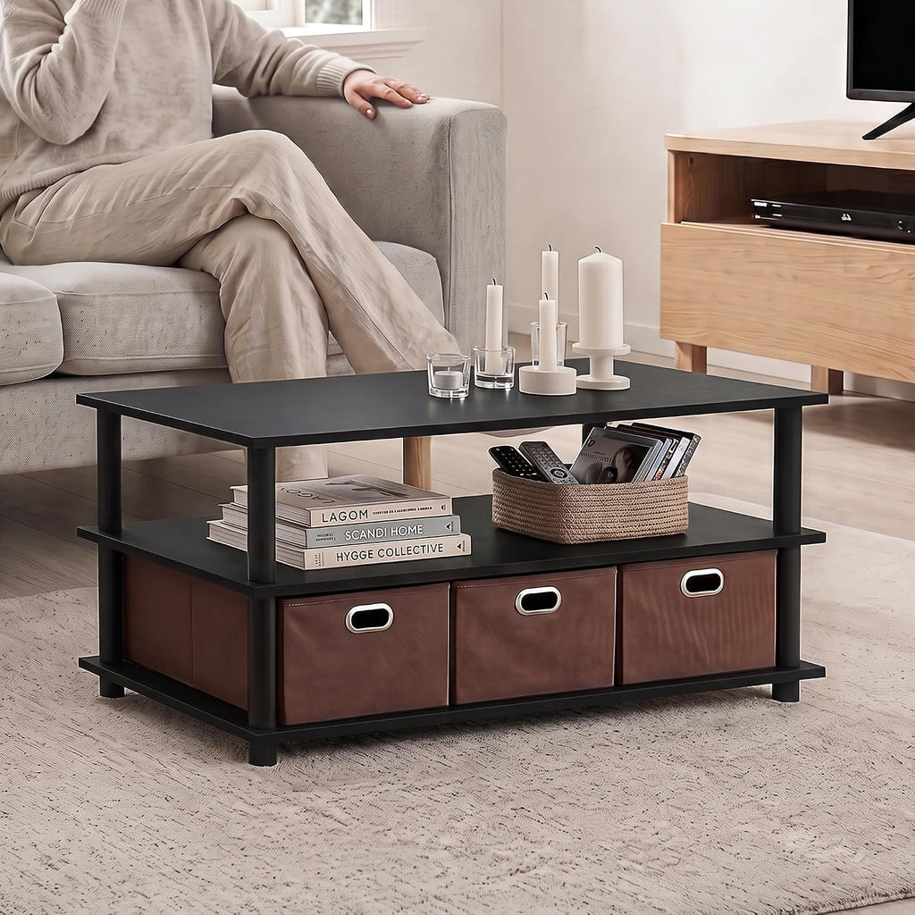 FRANS Toolless 3-Tier Coffee Table with Open Shelf, Black Oak