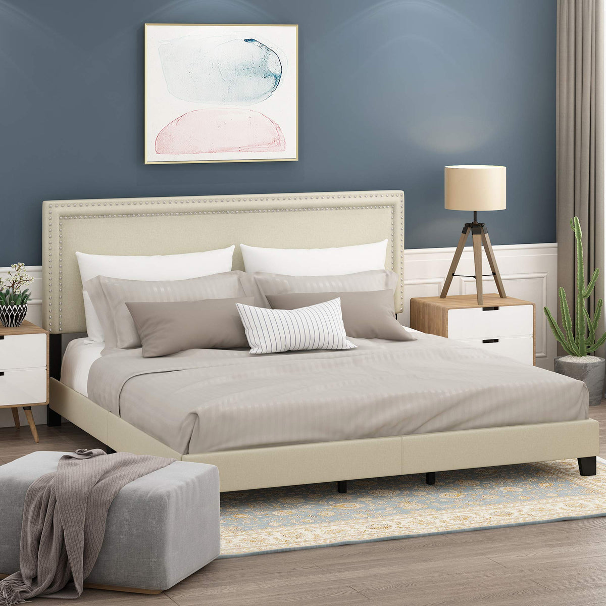 Laval Button Double Row Nail Head Bed Frame, Queen Size, Glacier