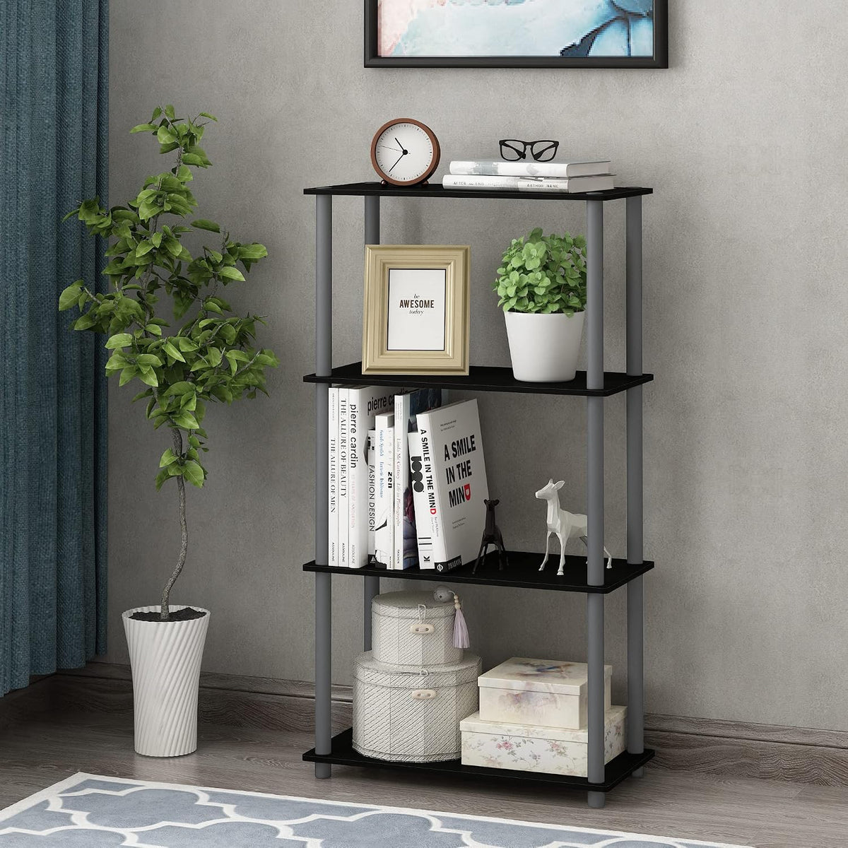 TURN-N-TUBE Storage Shelves, 4-Tier Toolless Book Shelf, Corner Shelf, Toolless Open Shelves, for Organization and Storage, Living Room, Garage, Home Office, Black