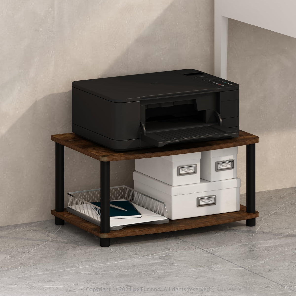 Turn-N-Tube 2-Tier Printer Table with Storage, Under Desk Printer Stand, Toolless Assembly, for CPU, Work Supplies, Home Office, Americano