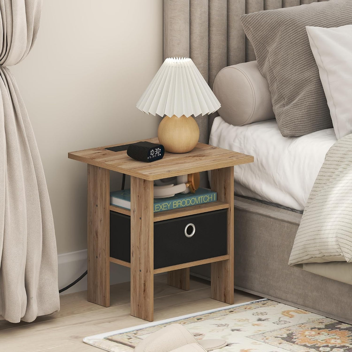 Andrey Charging Station Nightstand with Storage Bin, Flagstaff Oak