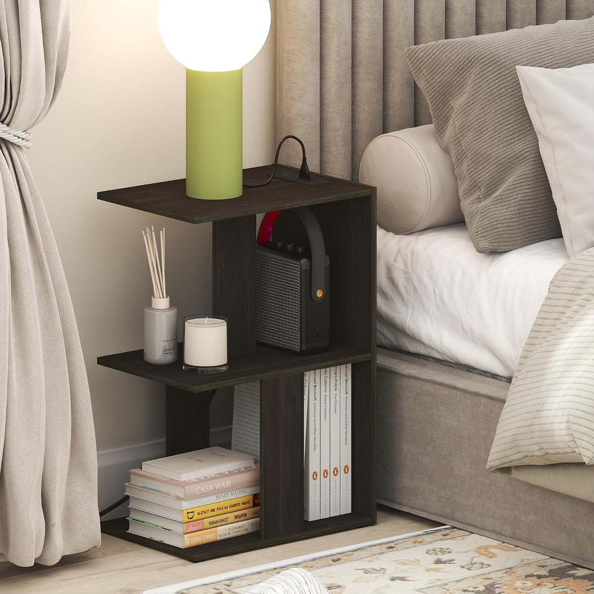 BOYATE 2-Tier Night Stand with Charging Station, Espresso