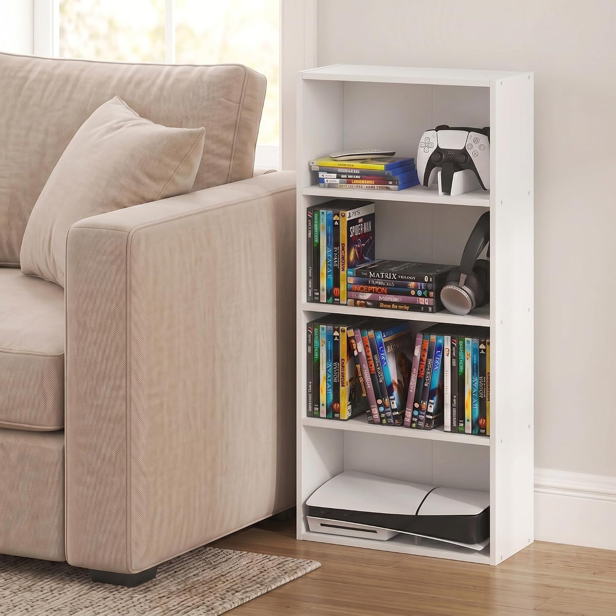 Basic DVD Shelf, 4-Tier CD Rack, Media Shelf, White