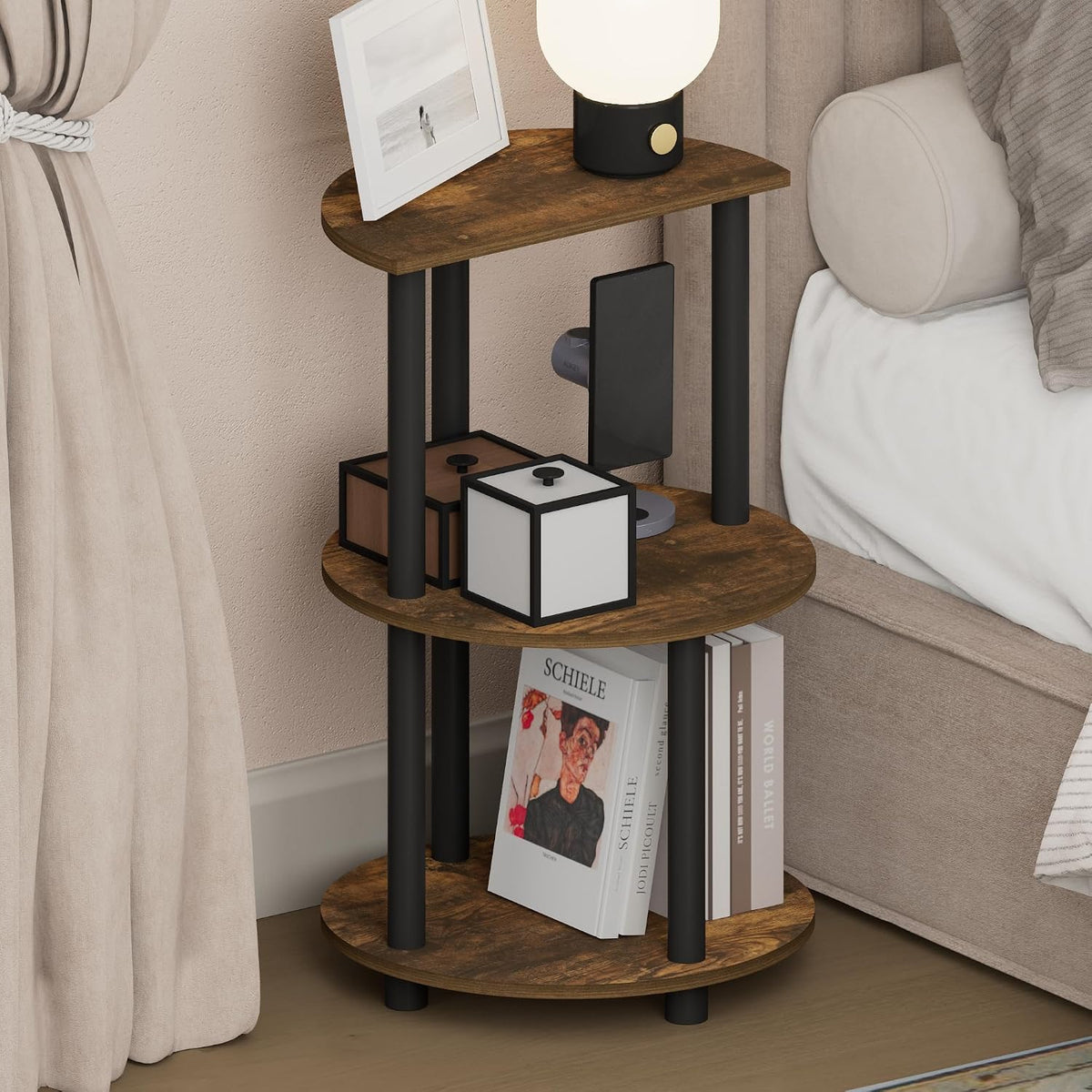 Turn-N-Tube Night Stand, 3-Tier Oval Nightstand, Half Round Top Panel Bedside Table, Side Table, End Table with Open Shelf, for Bedroom, Living Room, Amber Pine