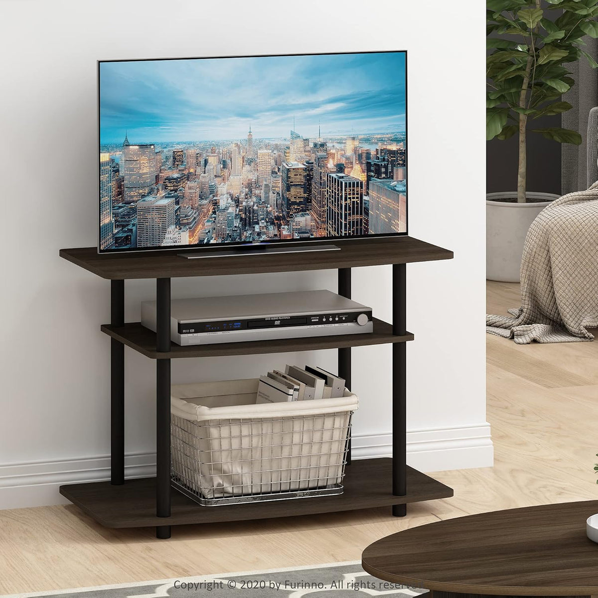 Turn-N-Tube No Tools 3-Tier Entertainment Center TV Stand for TV up to 32 Inch, Plastic Round Tubes, Dark Brown/Black