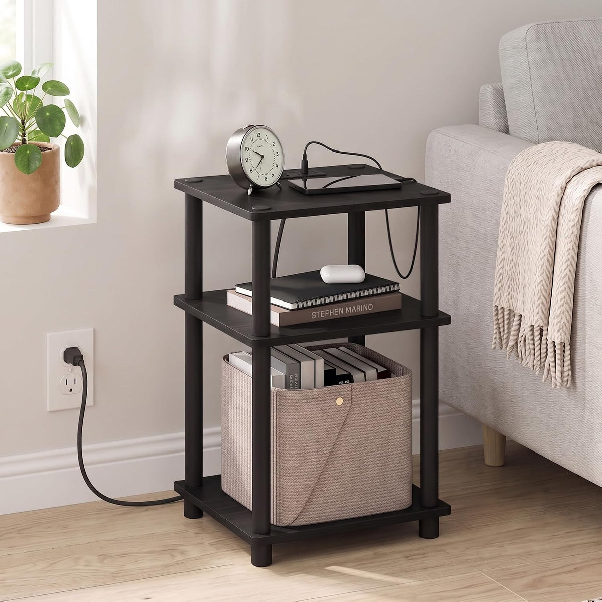 Just 3-Tier Charging Station Side Table, End Table, Black Espresso
