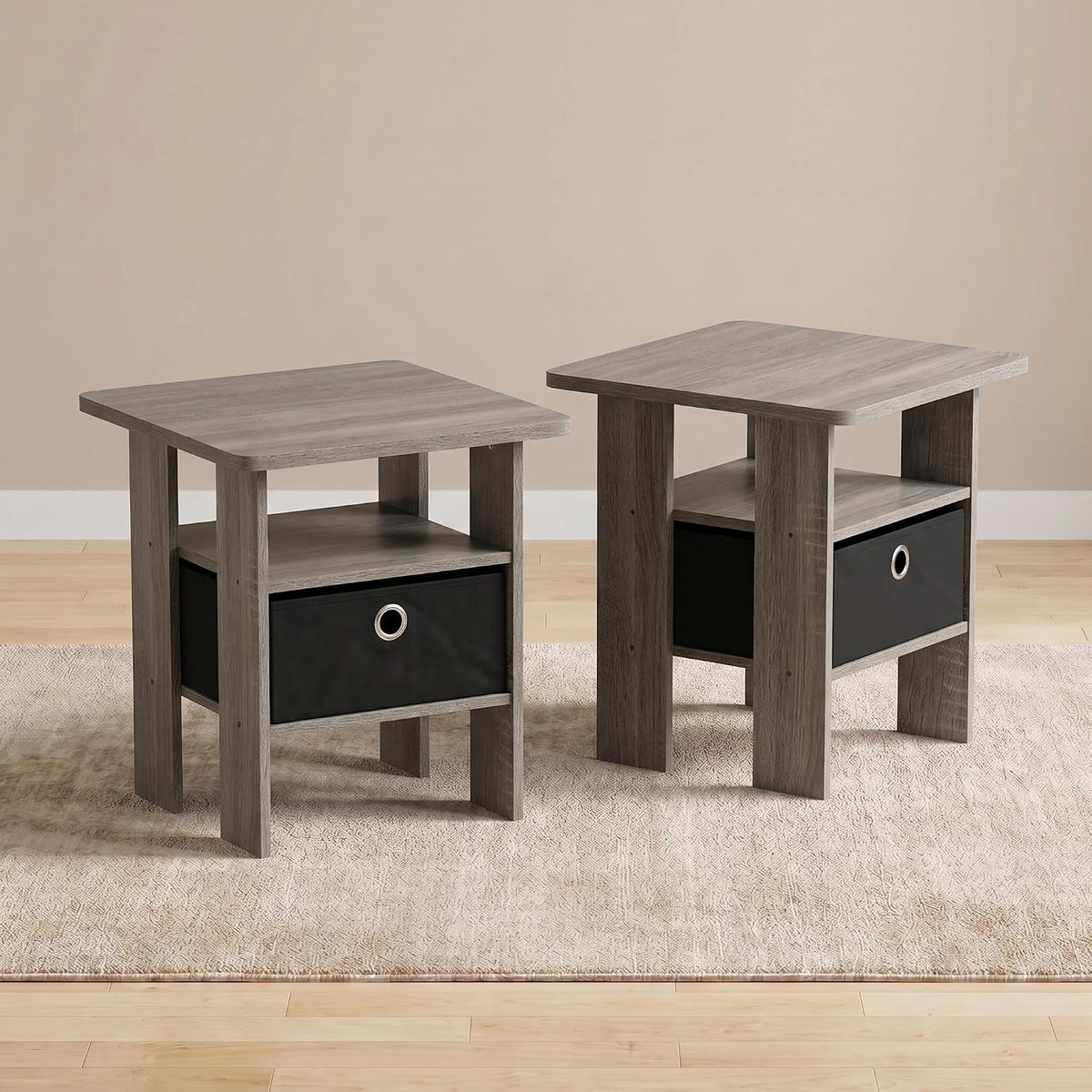 Andrey Set of 2 Side Table with Storage Bin Drawer, Grey Oak
