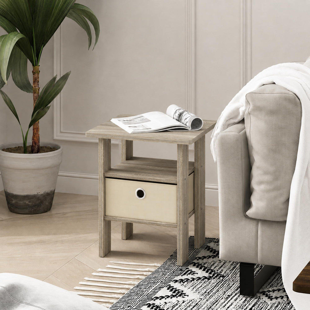 Andrey 3-Tier Square Side Table with Storage Bin, Light Oak