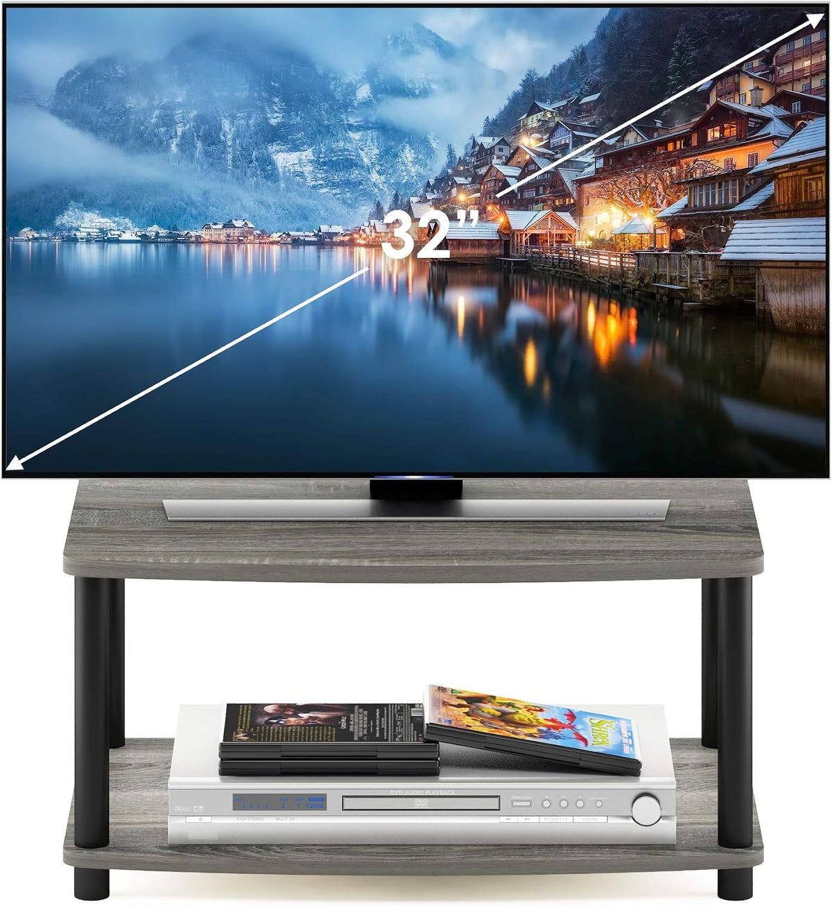 Turn-N-Tube TV Riser Stand, 2-Tier Small Elevated No Tools TV Stand, TV Console for TV up to 32 inch, 15.8 x 23.8 x 11, for Living Room, Bedroom, French Oak/Black