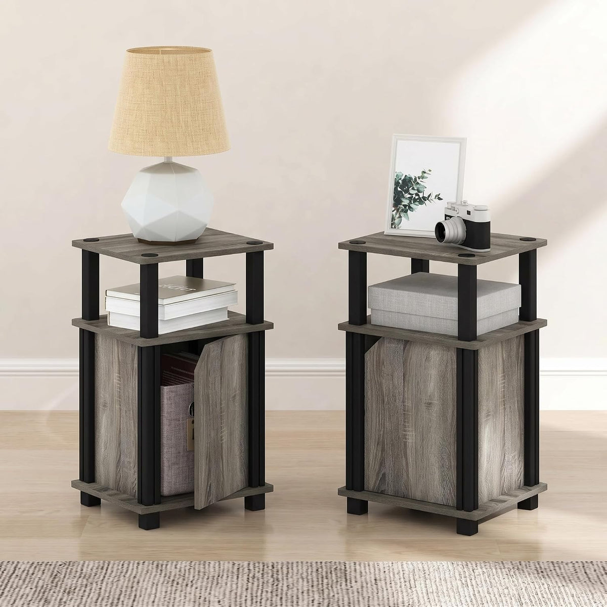 JUST Set of 2 3-Tier Night Stand with Door Cabinet, French Oak