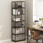 Simplistic Book Shelf, 7-Tier Bookshelf, Metal Frame Bookcases, Metal Storage Shelves, Storage and Organization, 11.8 x 23.6 x 74.9, for Living Room, Home Office, Bedroom, Amber Pine