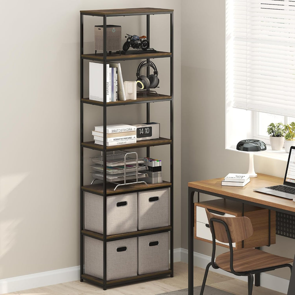 Simplistic Book Shelf, 7-Tier Bookshelf, Metal Frame Bookcases, Metal Storage Shelves, Storage and Organization, 11.8 x 23.6 x 74.9, for Living Room, Home Office, Bedroom, Amber Pine