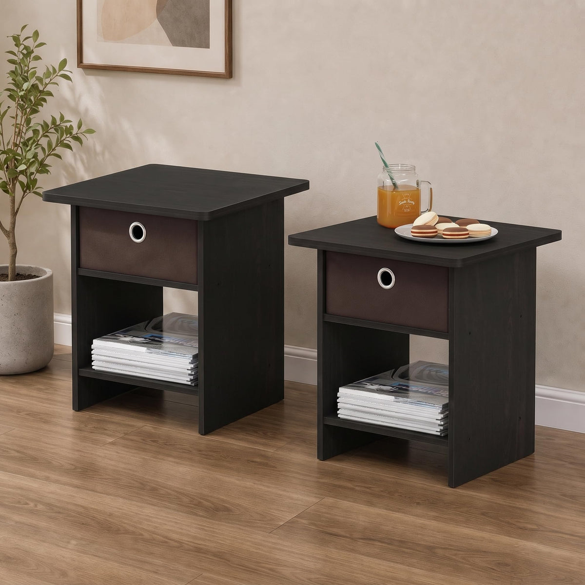 Andrey Set of 2 Side Table with Storage Bin Drawer, Grey Oak