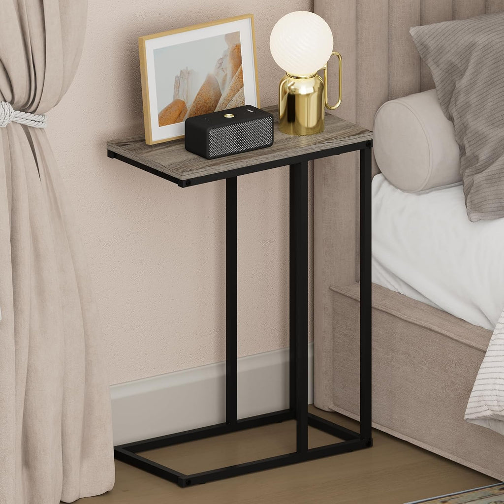 CAMNUS Night Stand, C-Shape Nightstand, Metal Frame Side Table, End Table, Bedside Table, for Living Room, Bedroom, French Oak Grey