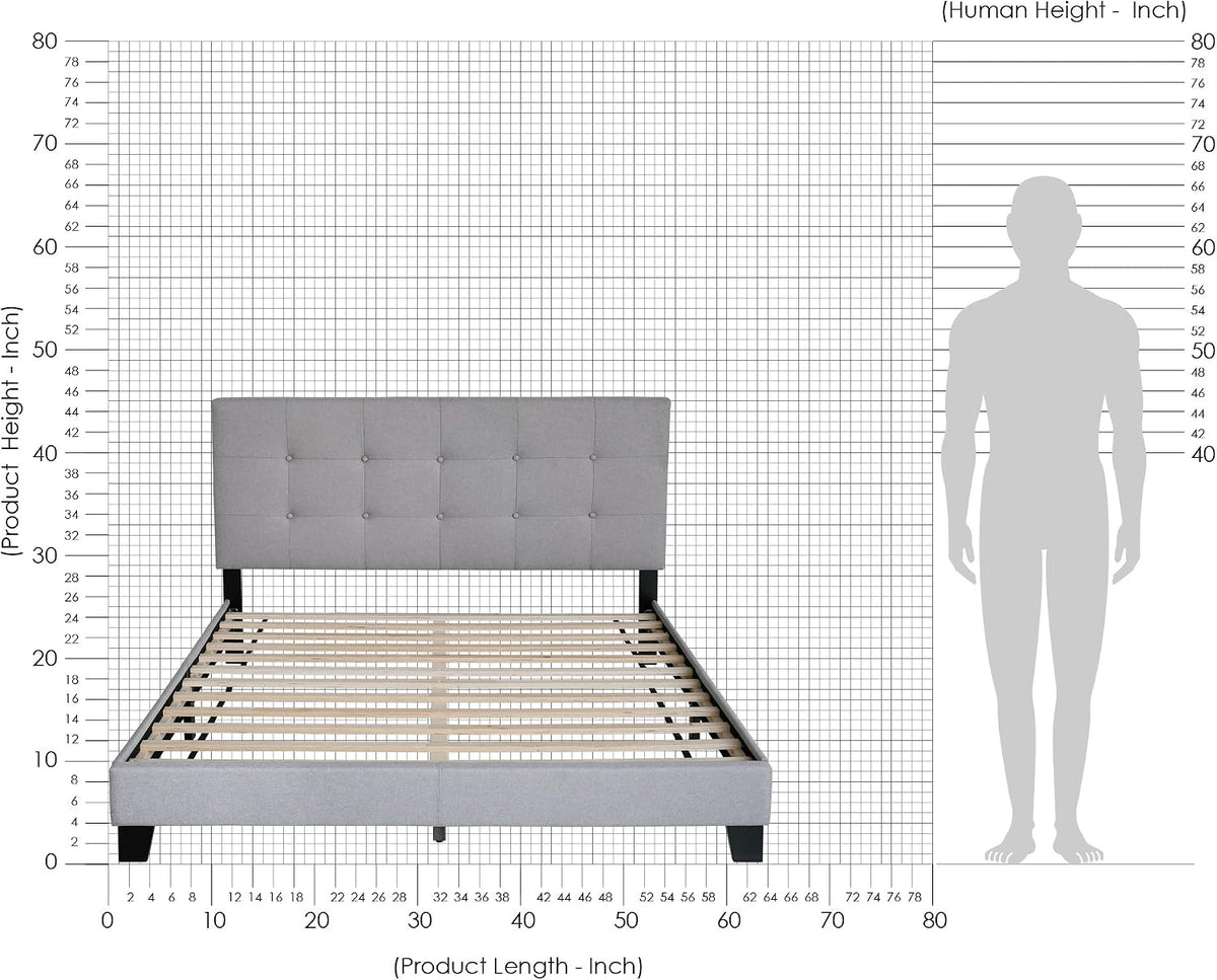 Laval Bed Frame, Twin Size Bedframe with Button Tufted Headboard, Upholstered Bed with Legs, 12pcs Wooden Slat Support, Easy Assembly, for Bedroom, Dorm, Light Grey
