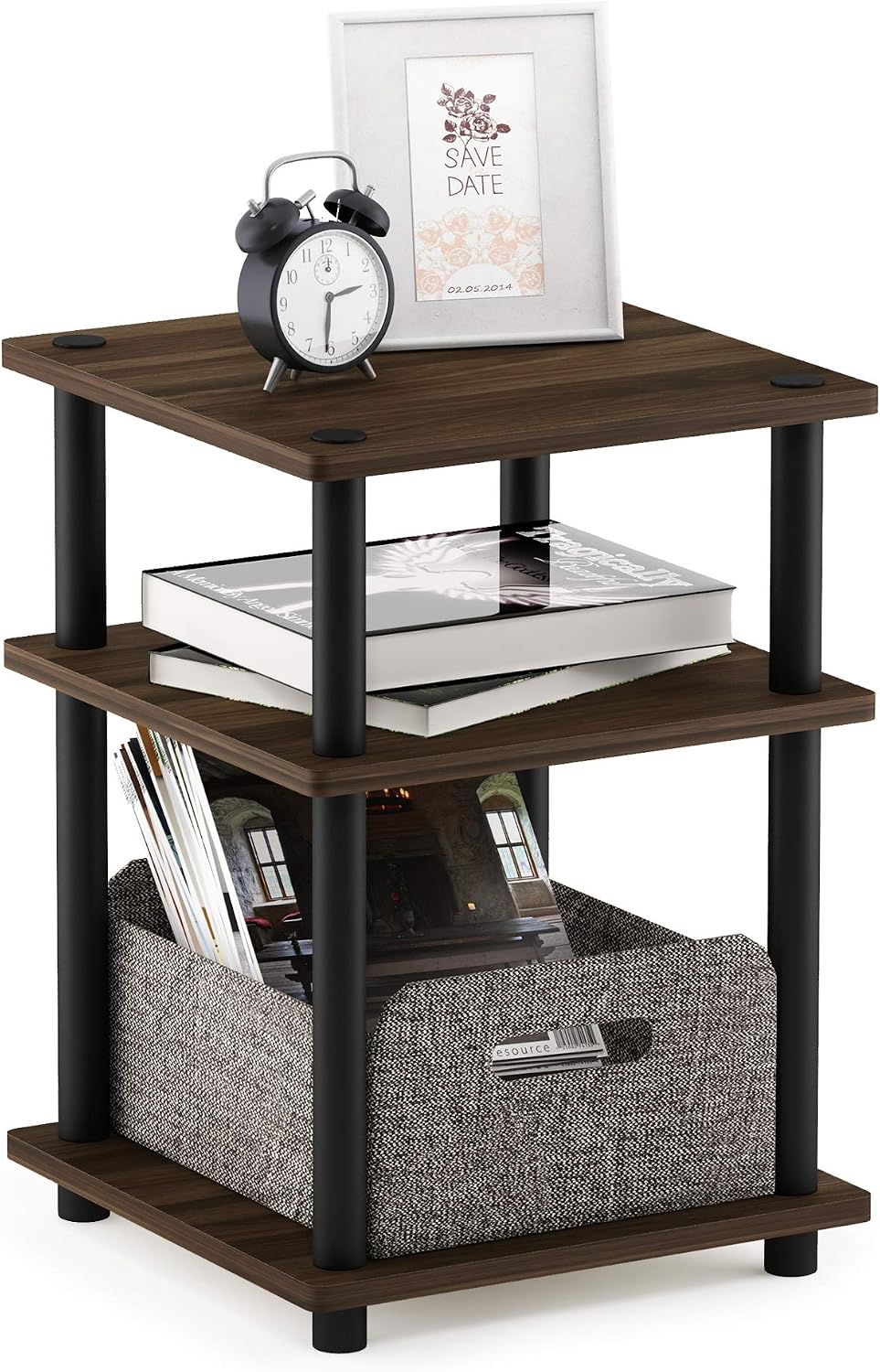 Turn-N-Tube Side Table, 3-Tier Square Modern End Table, Open Shelves Nightstand, Night Stand, Bedside Table, Easy Assembly, for Living Room, Bedroom, Columbia Walnut