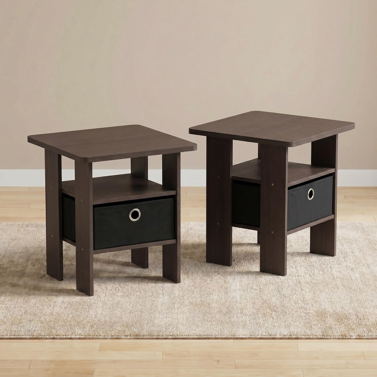 Andrey Set of 2 Side Table with Storage Bin Drawer, Grey Oak