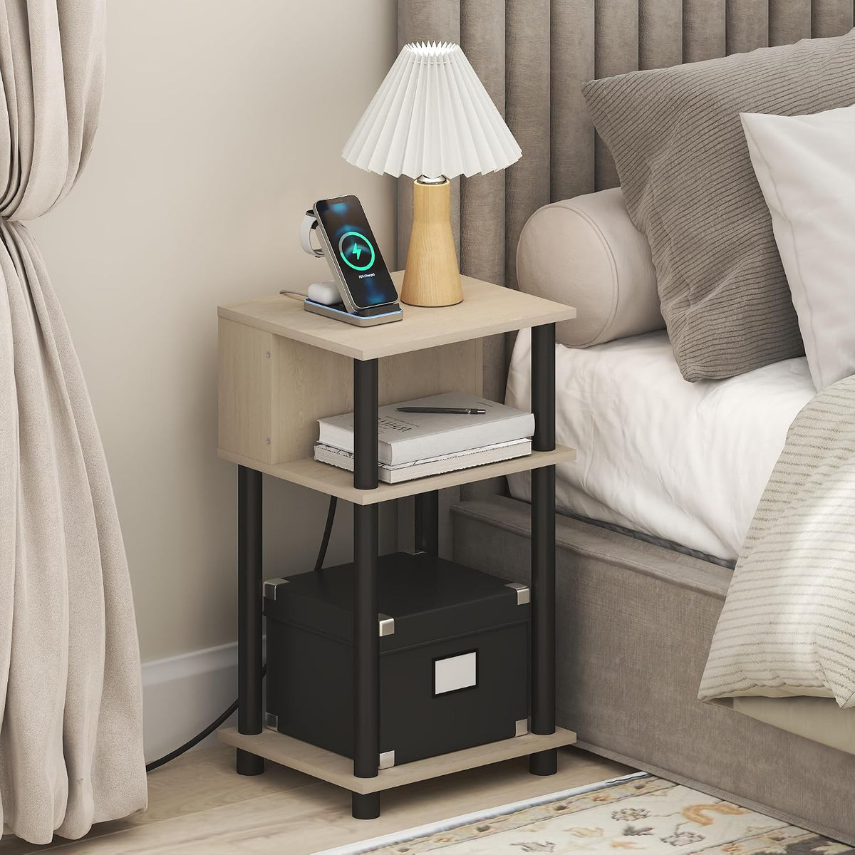 JUST 3-Tier Charging Station Night Stand, Bauhaus Oak
