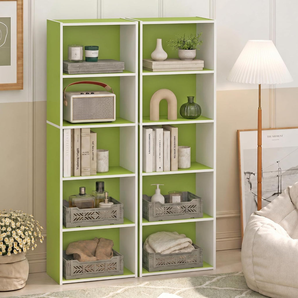 LUDER Set of 2 Book Shelf, 5-Tier, White/Green