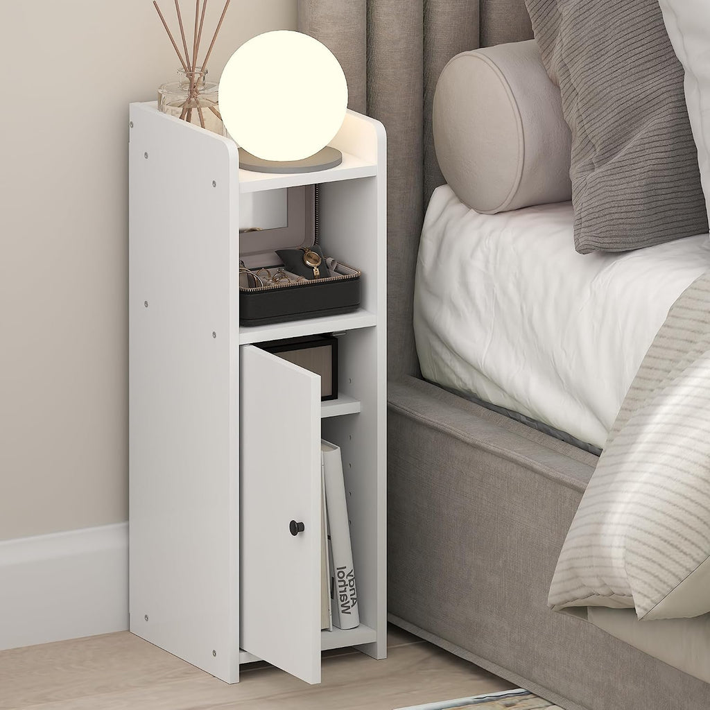 Fulda Night Stand, 4-Tier Nightstand, Bedside Table, Narrow End Table with Door and Adjustable Shelves, 24H, for Small Spaces, Bedroom, Dorm Room, Living Room, White