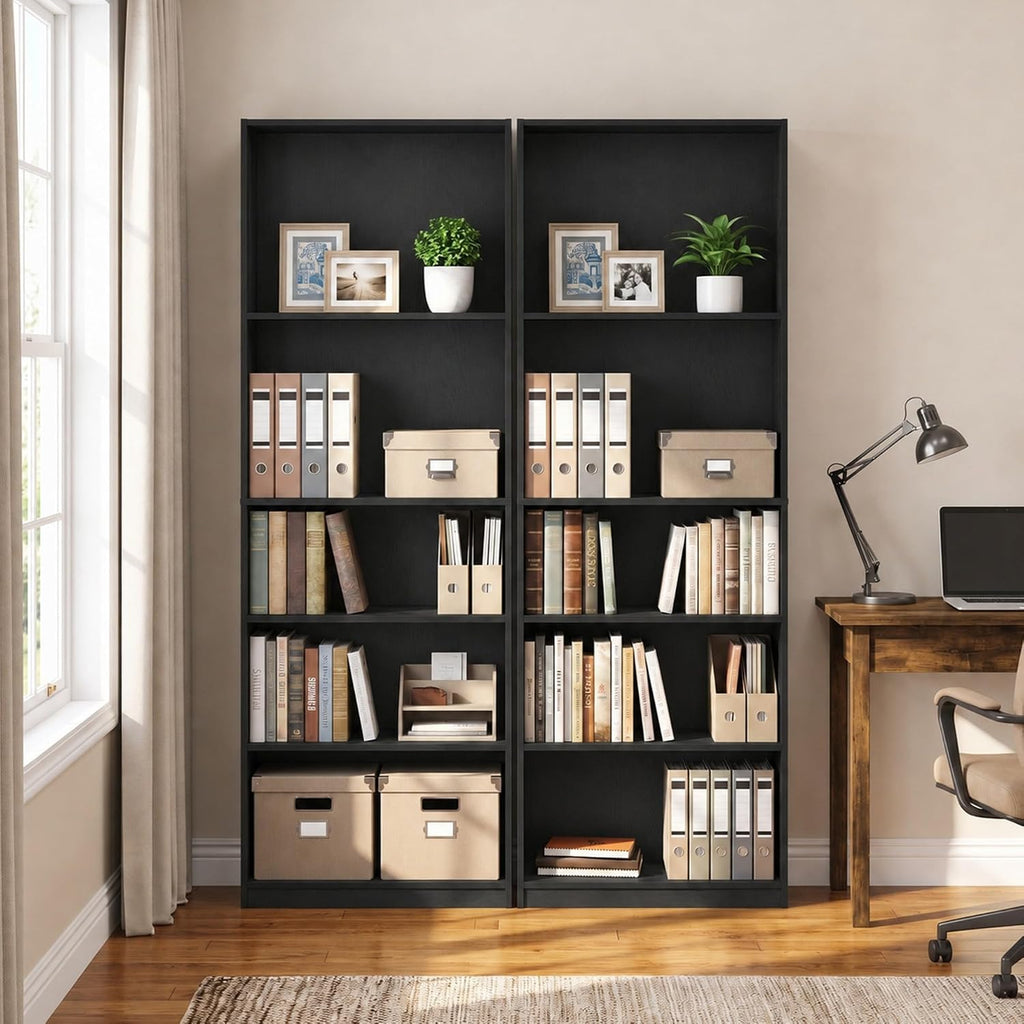 Jaya Set of 2 5-Tier Book Shelf with Open Shelves, Darkwood