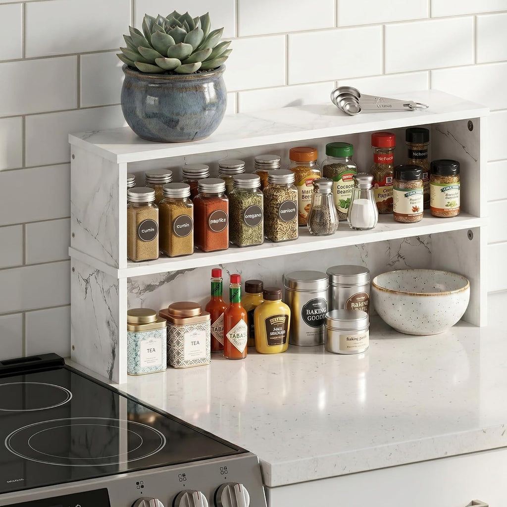 Helena Kitchen Counter Stackable Organizer Shelf, Set of 1, 23-Inch, Marble White