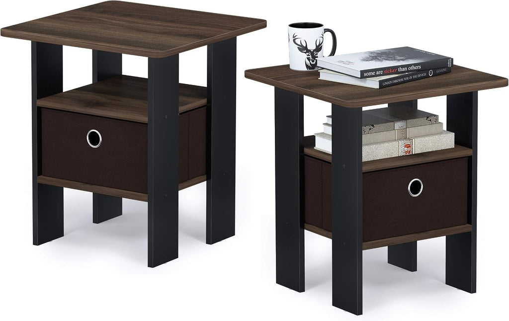 Andrey Set of 2 End Table / Side Table / Night Stand / Bedside Table with Bin Drawer, Columbia Walnut/Dark Brown