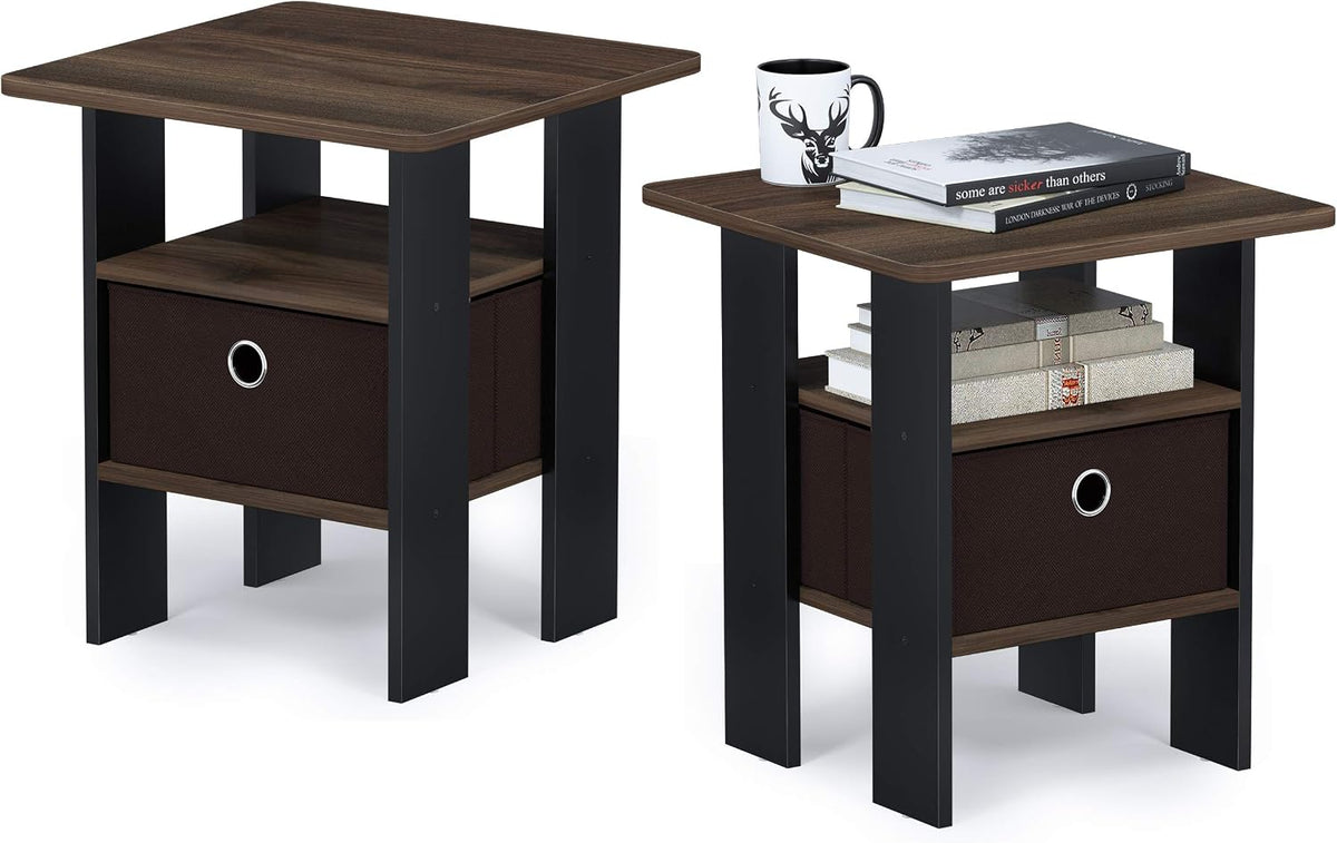 Andrey Set of 2 End Table / Side Table / Night Stand / Bedside Table with Bin Drawer, Columbia Walnut/Dark Brown