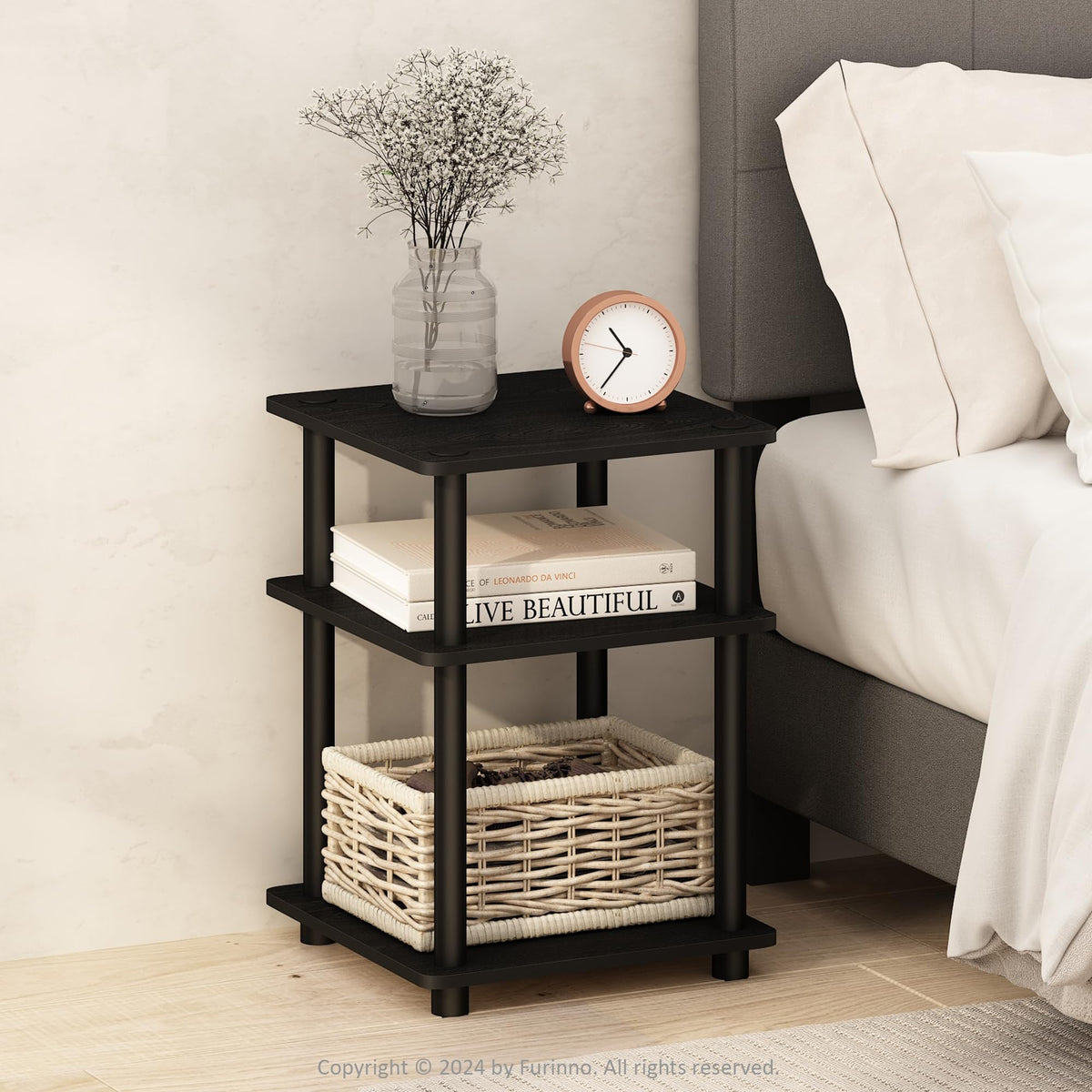 ANDREY Set of 2 Square 2-Tier Side Table, End Table, French Oak