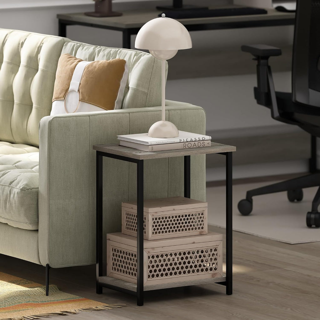 Simplistic 2-Tier Side Table, Metal Frame End Table, Grey Oak