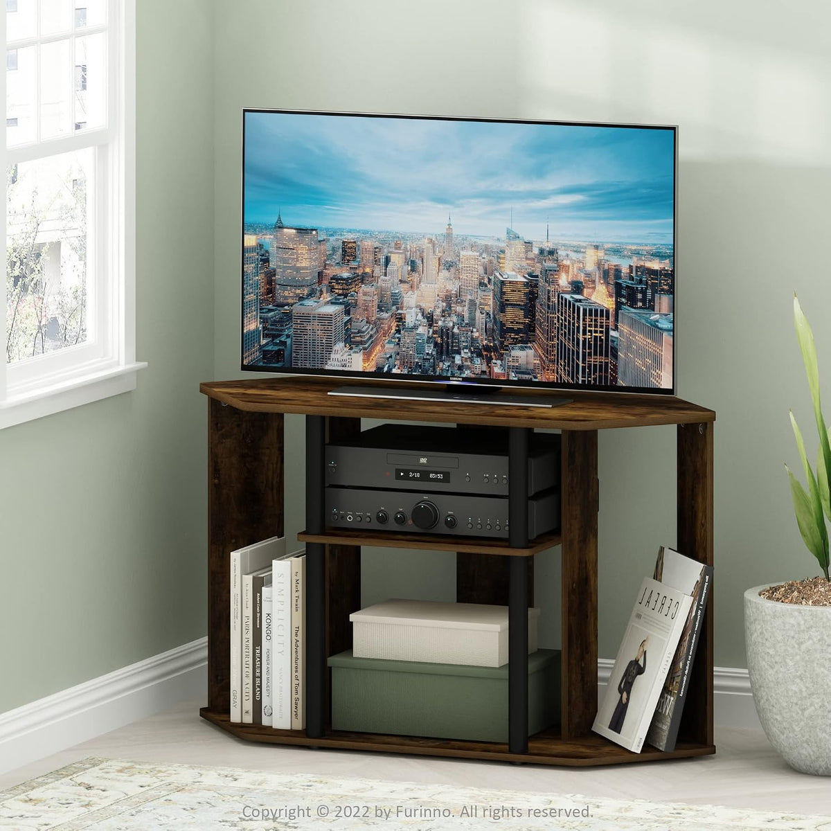 Classic Stand with Plastic Poles for TV up to 43-Inch, Amber Pine/Black