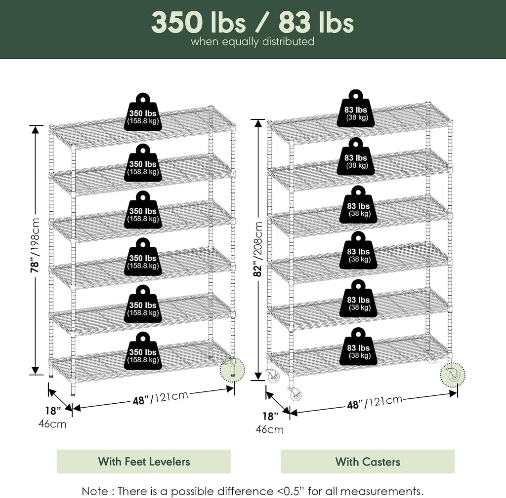 Wayar Metal Storage Shelf Rack, 6 Tiers, 48-Inch Taller, Stainless Steel