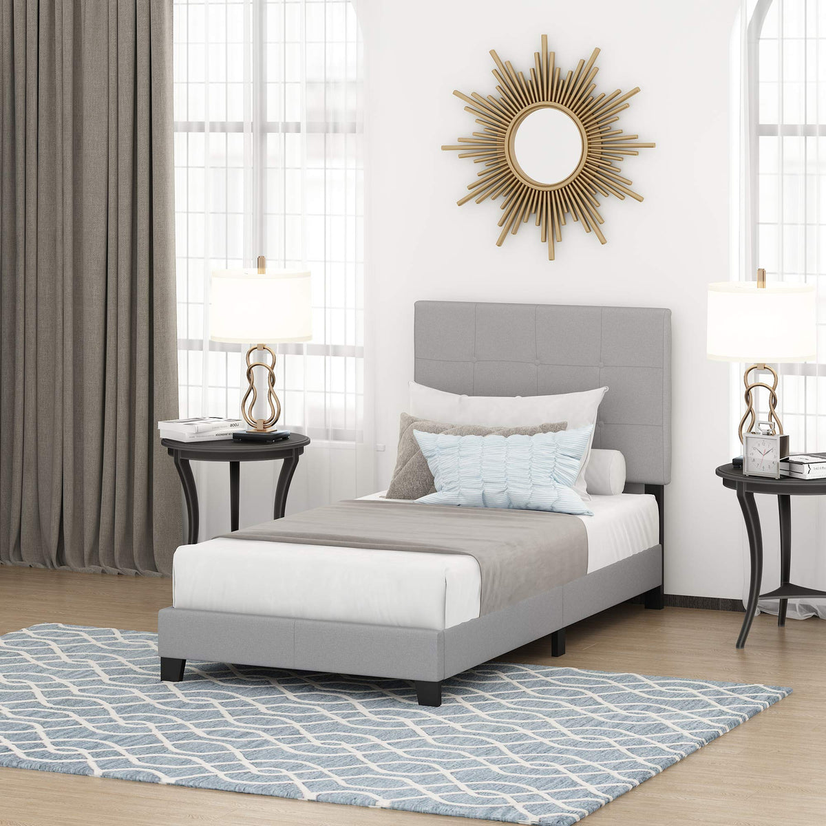 Laval Button Tufted Upholstered Platform Bed Frame, Twin, Glacier
