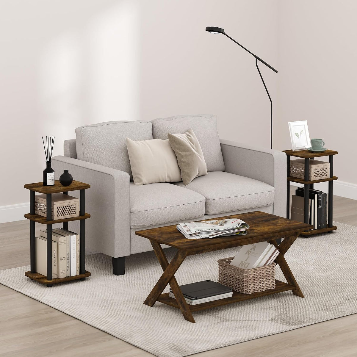 Turn-N-Tube Toolless 3-Tier Side Table Set of 2, Amber Oak