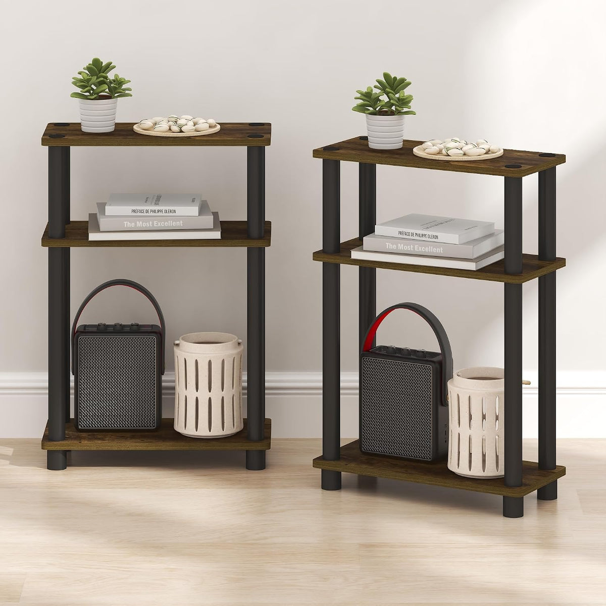 TURN-N-TUBE Set of 2 Narrow 3-Tier Side Tables, Amber Pine