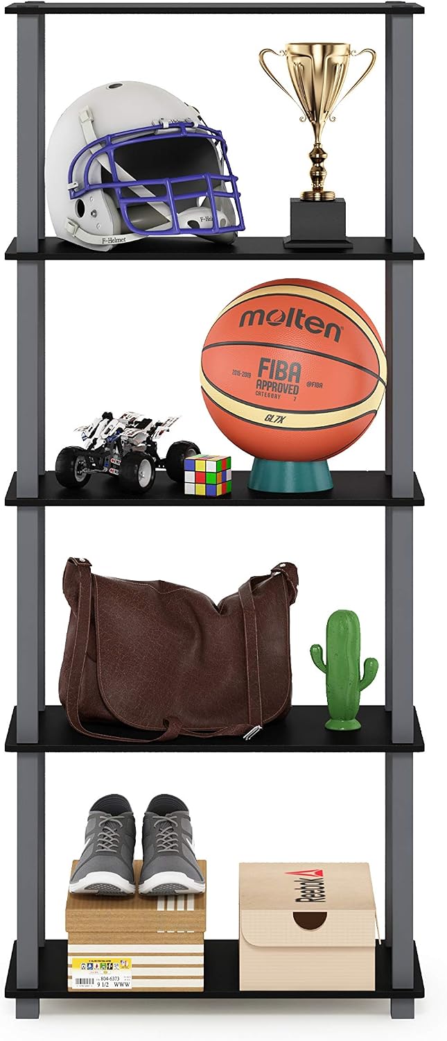 Turn-N-Tube 5-Tier Multipurpose Shelf / Display Rack / Storage Shelf / Bookshelf, Square Tubes, Black/Grey