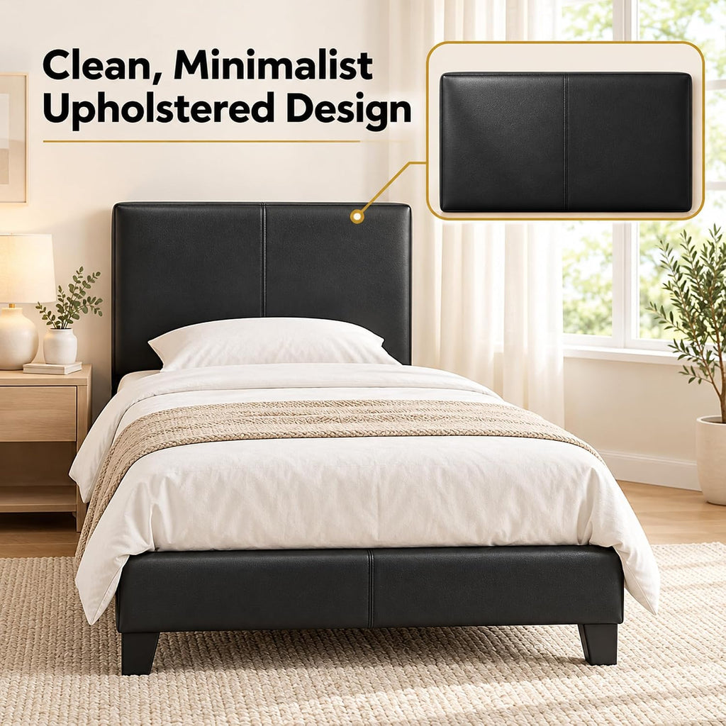 Pessac Bed Frame, Upholstered Bedframe, Twin, Plain Black
