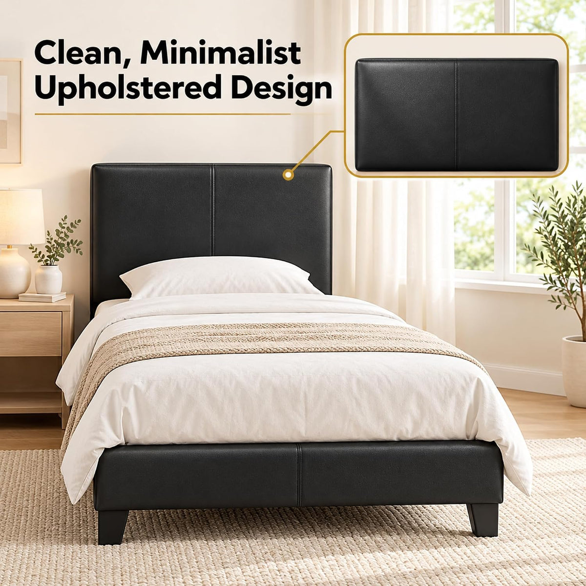 Pessac Bed Frame, Upholstered Bedframe, Twin, Plain Black