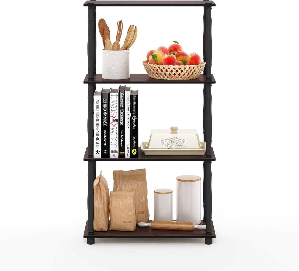 Turn-N-Tube Toolless Assembly 4-Tier Open Frame Brown Book Shelf, Corner Shelf, Open Shelves, Classic Tube, for Organization and Storage, Living Room, Home Office, Cherry Oak
