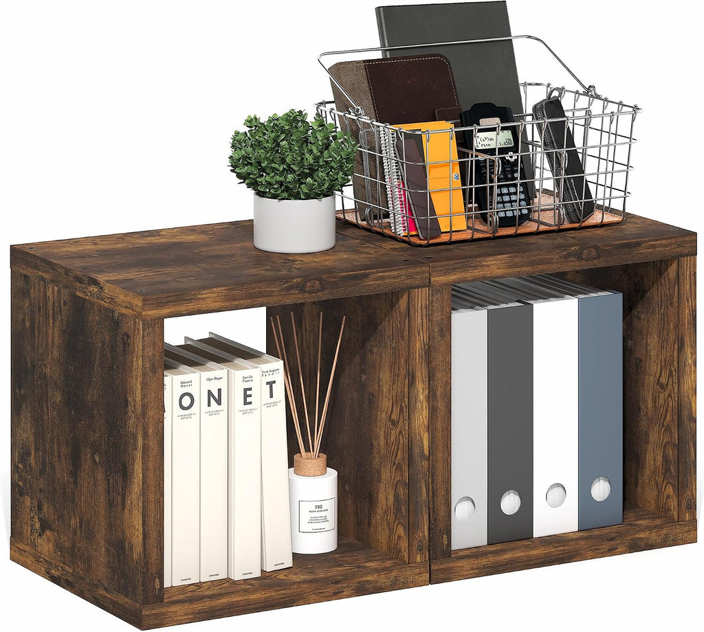 Cubicle Book Shelf, Set of 2 Stackable Bookshelf, Cube Storage Organizer Bookcase with Open Back, Extra Thick, 15.8 x 15.8 x 14.6, for Living Room, Bedroom, Home Office, Amber Pine