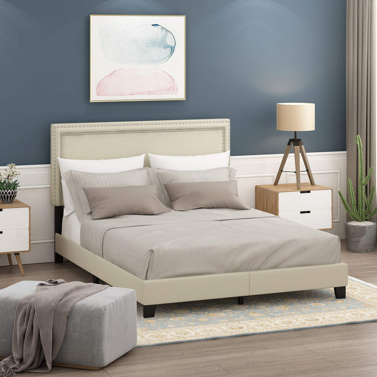 Laval Double Row Nail Head Upholstered Platform Bed Frame, Queen, Stone