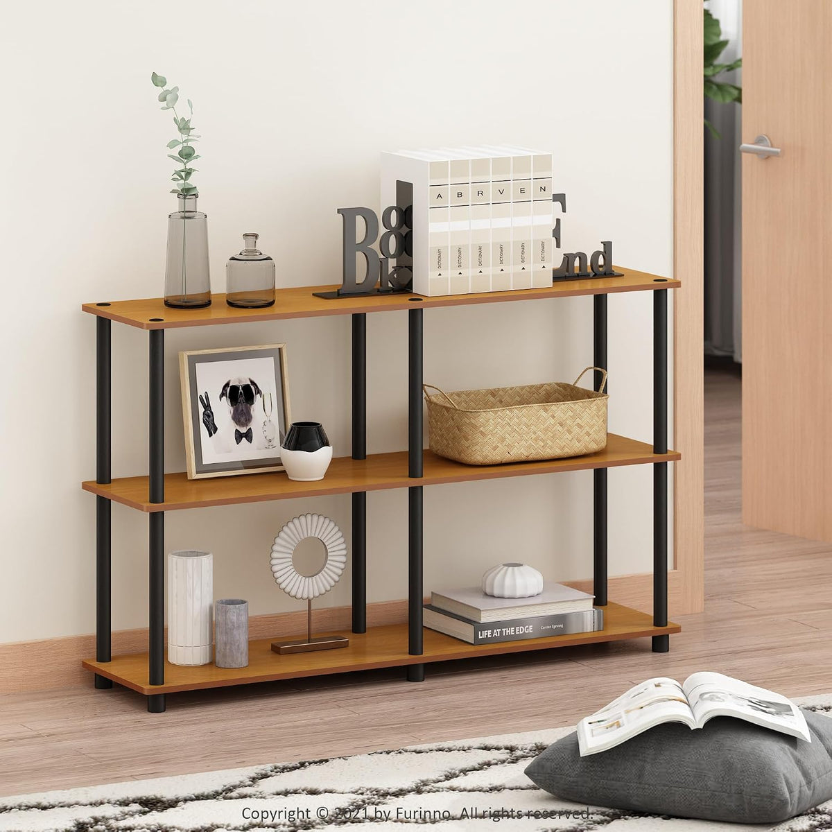 TURN-N-TUBE Storage Shelves, 3-Tier 47.4 Wide Book Shelf, Corner Shelf, Toolless Open Shelves, for Organization and Storage, Living Room, Garage, Home Office, Light Cherry