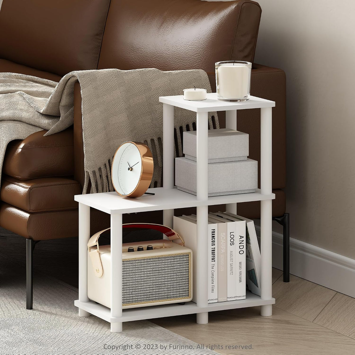 Turn-N-Tube Storage Shelves, 2-Tier Ladder Shape Book Shelf with Open Frame Design, 5-Cube Corner Shelf, Toolless Open Shelves, Living Room, Garage, Home Office, White